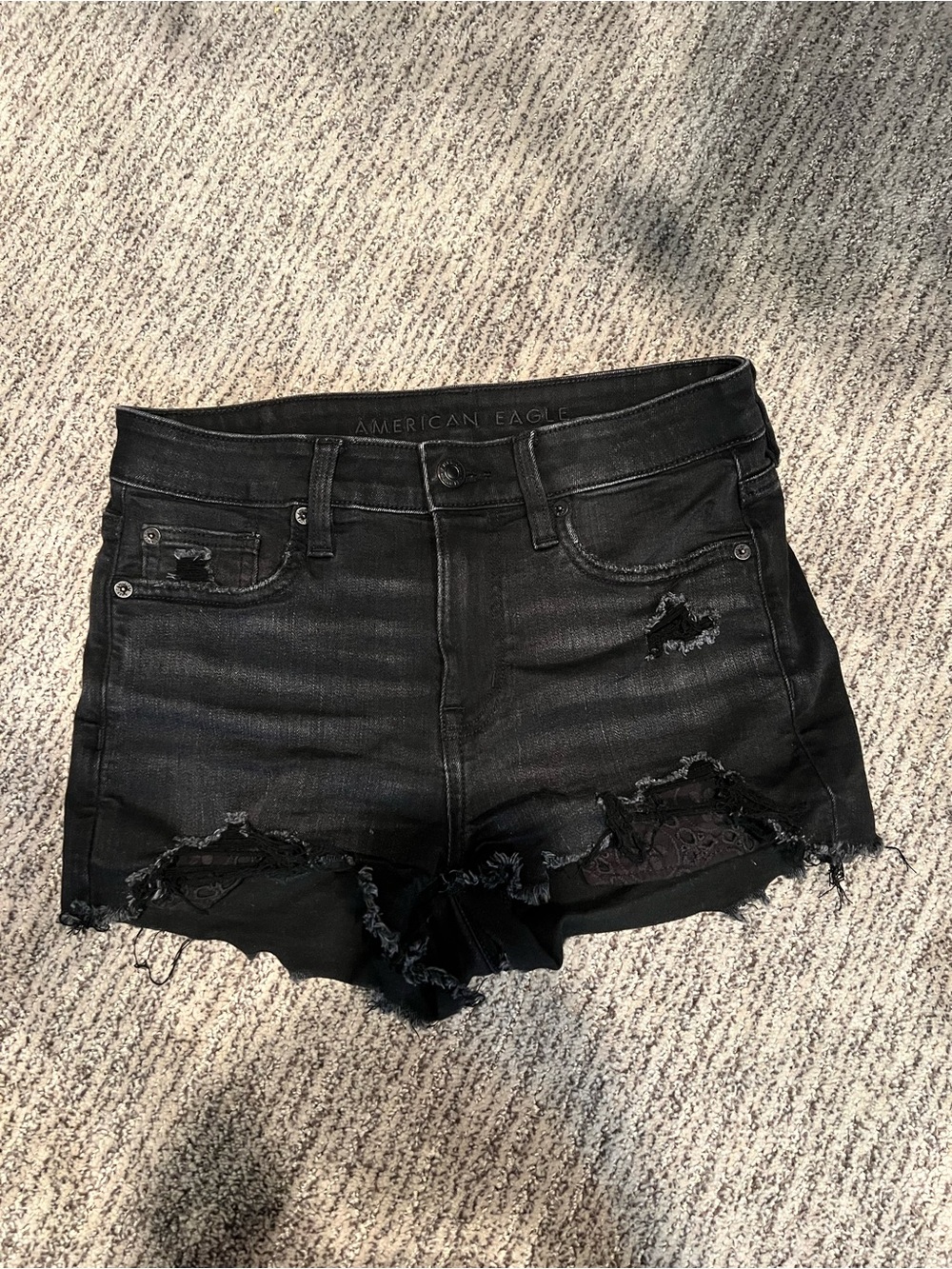 American Eagle Outfitters Black Distressed Jean Shorts with Lace Insets